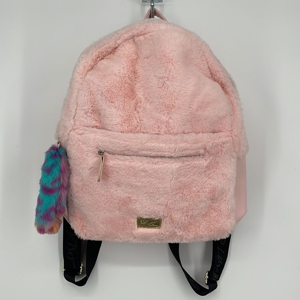 Betsey Johnson Hooded Rabbit School Travel Backpack Pink EUC Adorable Fury Bunny